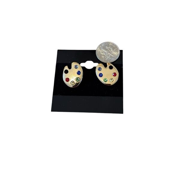 Colorful Multi-Colored Stone Post Earrings on Gold Toned Artist Palette. - Picture 6 of 6